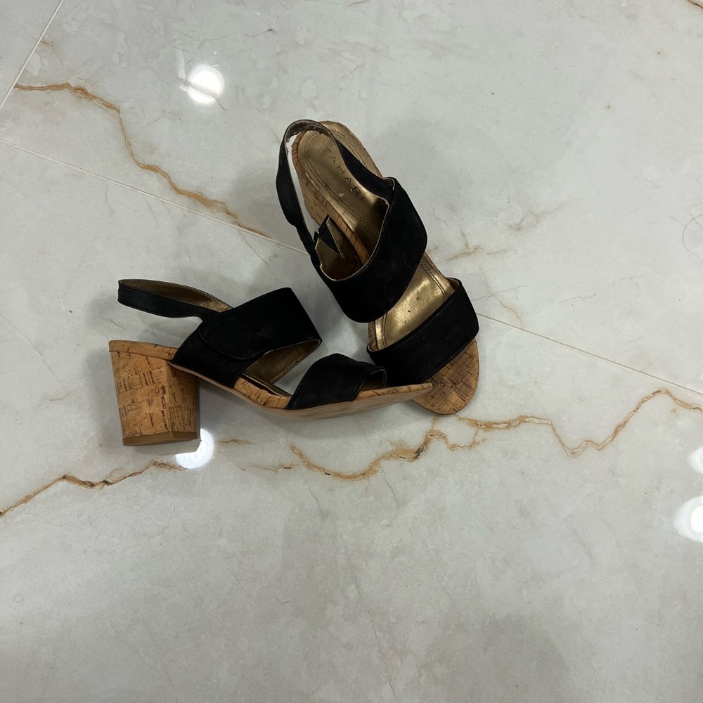 Tahari Black and Brown Cork Heel Sandals Sz 6 sling back open toe Heels sparkle